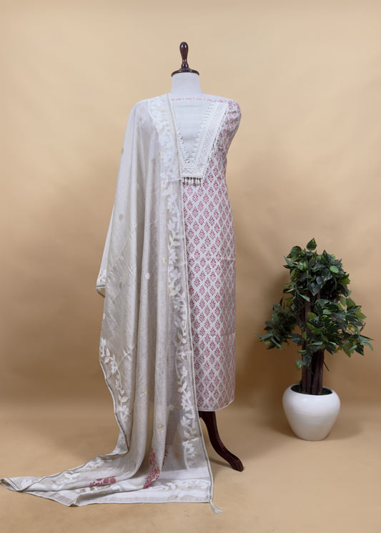 Pink Hand Block Print Pure Chanderi Kurta And Jamdani Dupatta With Crochet And Pearls