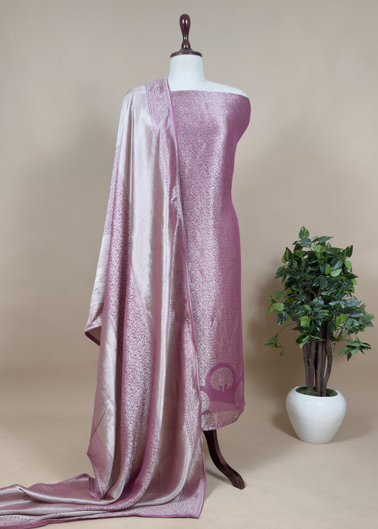 Onion Pink Unstitched Brocade Kurta With Tissue Dupatta