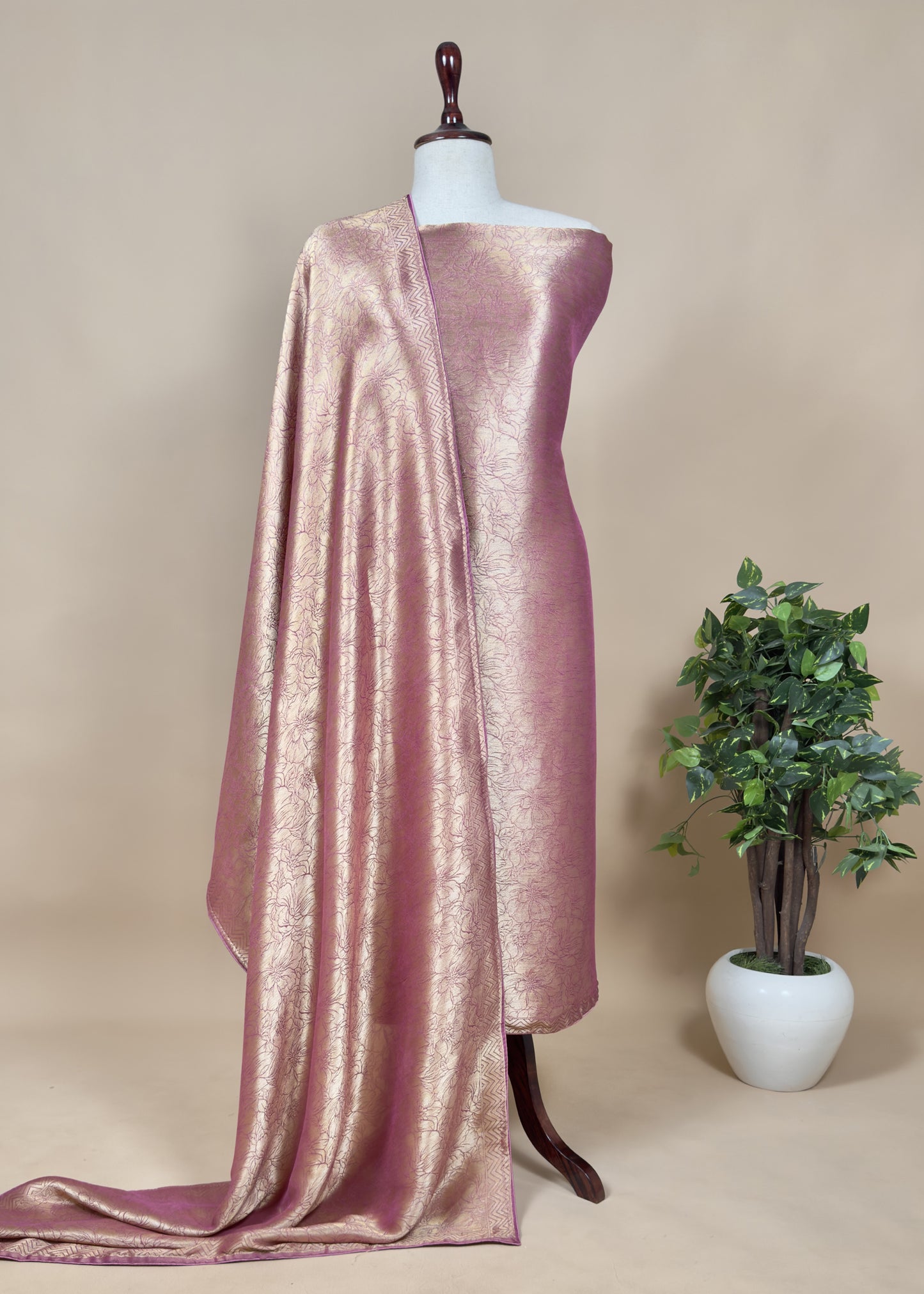 Pink Tissue Brocade Silk Unstitched Suit With Zari Weaving