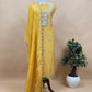 Yellow Festive Leheriya Russian Silk Suit Fabric With Kacha Gottapatti Handwork, Shell And Ginni laces