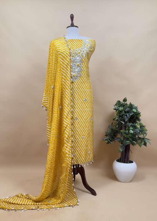 Yellow Festive Leheriya Russian Silk Suit Fabric With Kacha Gottapatti Handwork, Shell And Ginni laces