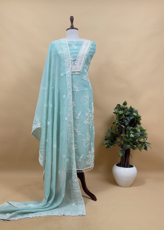 Light Pastel Blue Pure Mulmul Suit Fabric With Resham Embroidery And Pearls