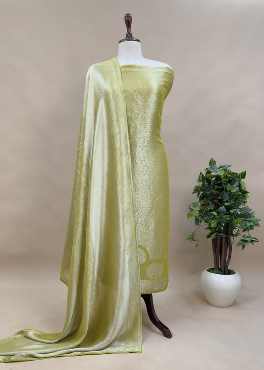 Green Unstitched Brocade Kurta With Tissue Dupatta