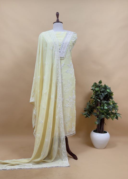 Light Yellow Pure Mulmul Suit Fabric With Resham Embroidery And Pearls