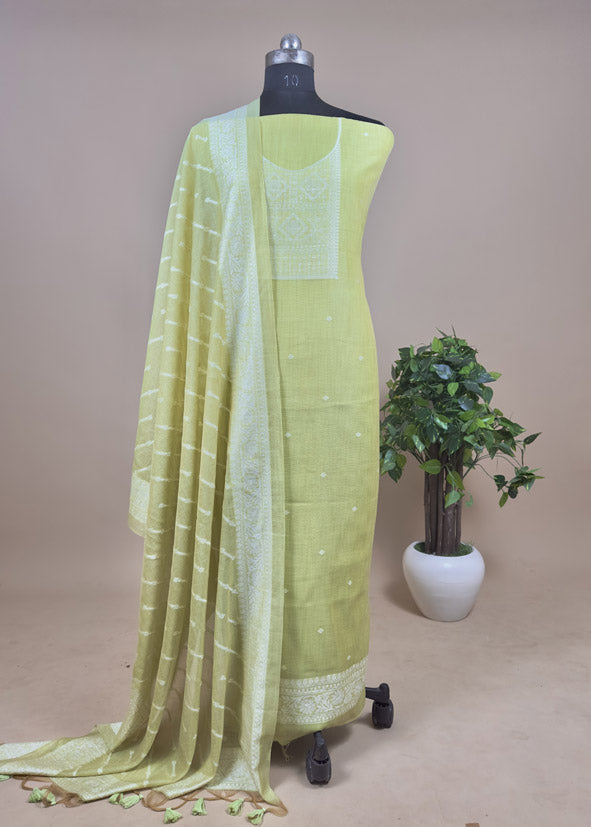 Yellow Jamdani Weaving Unstitched Suit In Maheshwari