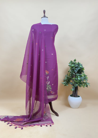 Black Linen Chanderi Suit Fabric With Phoolo Ki Jamdani Weaving