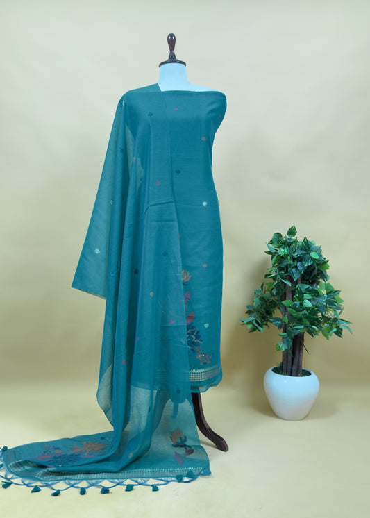 Teal Linen Chanderi Suit Fabric With Phoolo Ki Jamdani Weaving