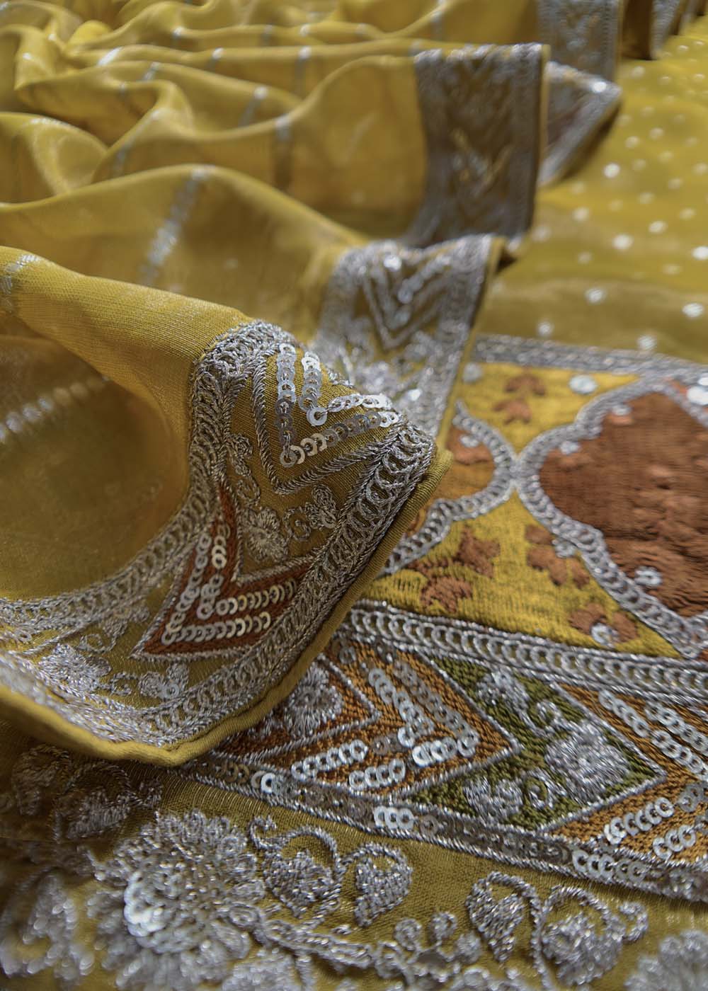 Mettalic Yellow Embroidered Tissue Silk Suit