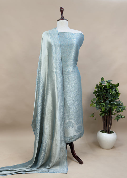 Blue Unstitched Brocade Kurta With Tissue Dupatta