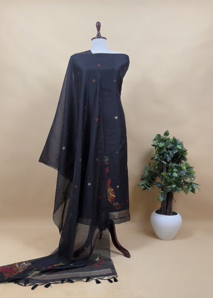 Black Linen Chanderi Suit Fabric With Phoolo Ki Jamdani Weaving