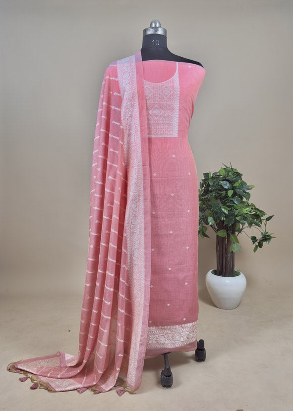 Pastel Jamdani Weaving Unstitched Suit In Maheshwari