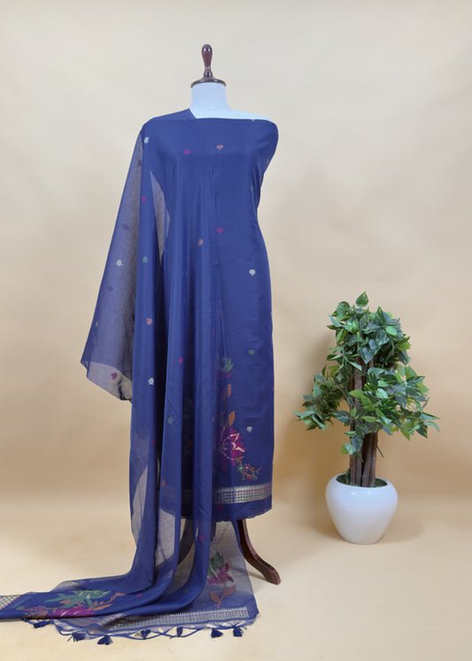 Blue Linen Chanderi Suit Fabric With Phoolo Ki Jamdani Weaving