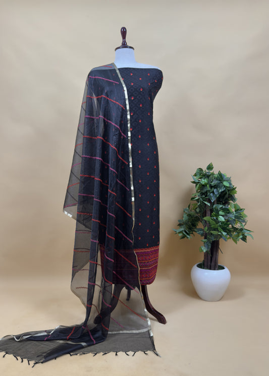 Smoky Black Pure Jacquard Silk Kurta and Pure organza dupatta with Cross stitch embroidery