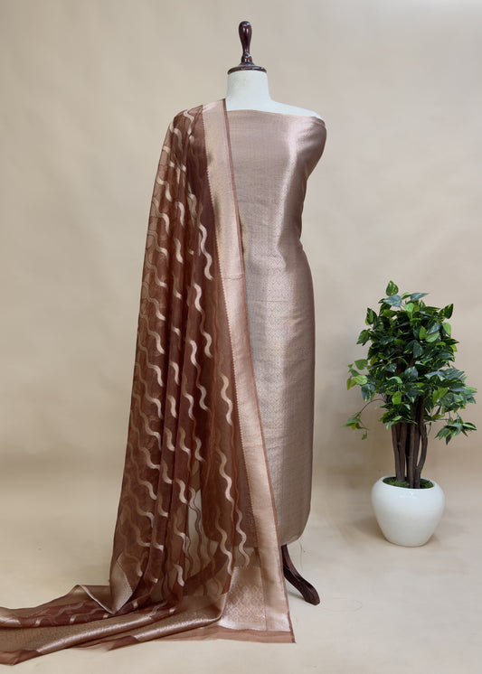 Brown Brocade Kurta With Organza Dupatta