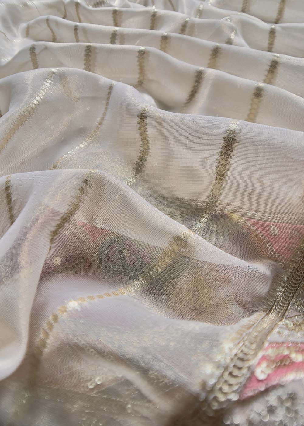 Mettalic Off White Embroidered Tissue Silk Suit