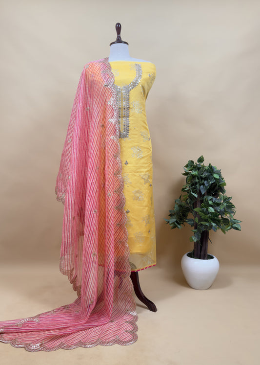 Yellow Pure Organza Kurta and Leheriya dupatta with Gotapatti handwork and Foil print