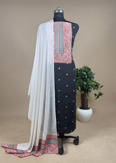 Black Cotton Suit With Contrast White Dupatta