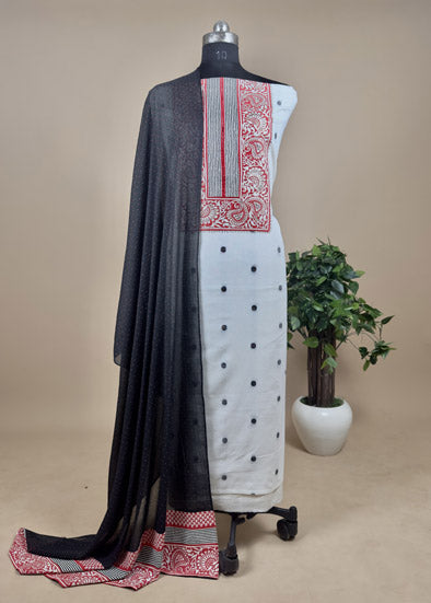 White Cotton Suit With Contrast Black Dupatta