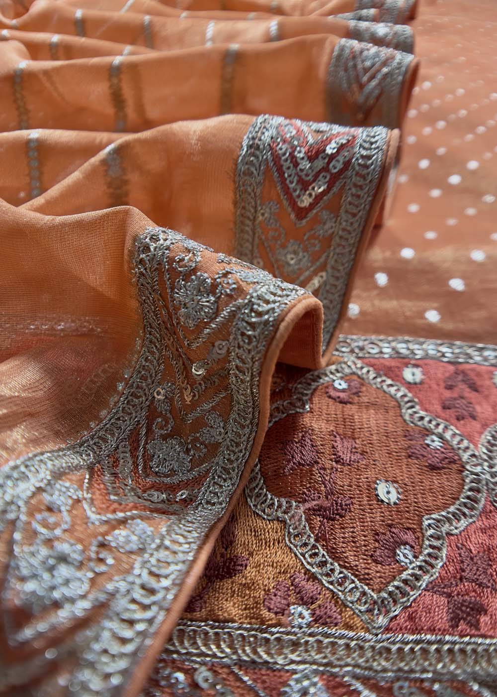 Mettalic Orange Embroidered Tissue Silk Suit