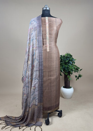 Brown Maheshwari Unstitched Suit With Kantha Work