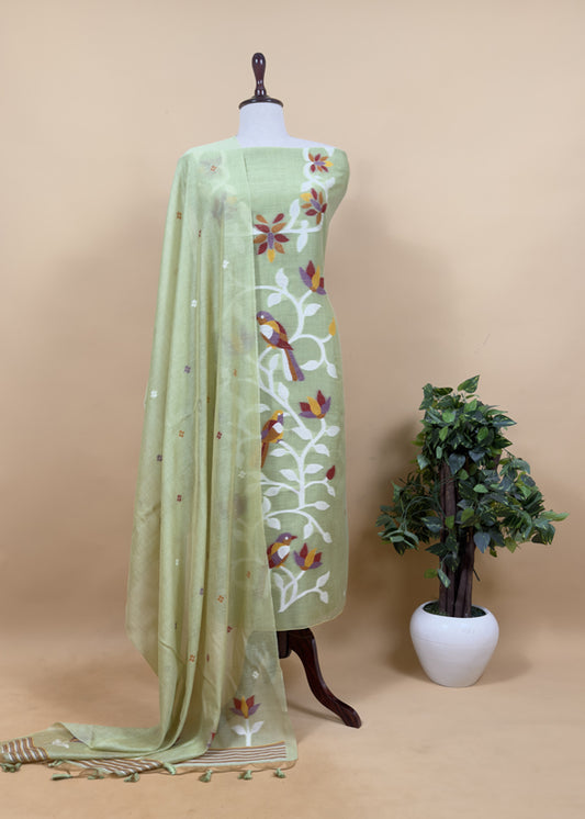 Pickle Green Chidiya Jamdani Suit In Linen Chanderi Fabric