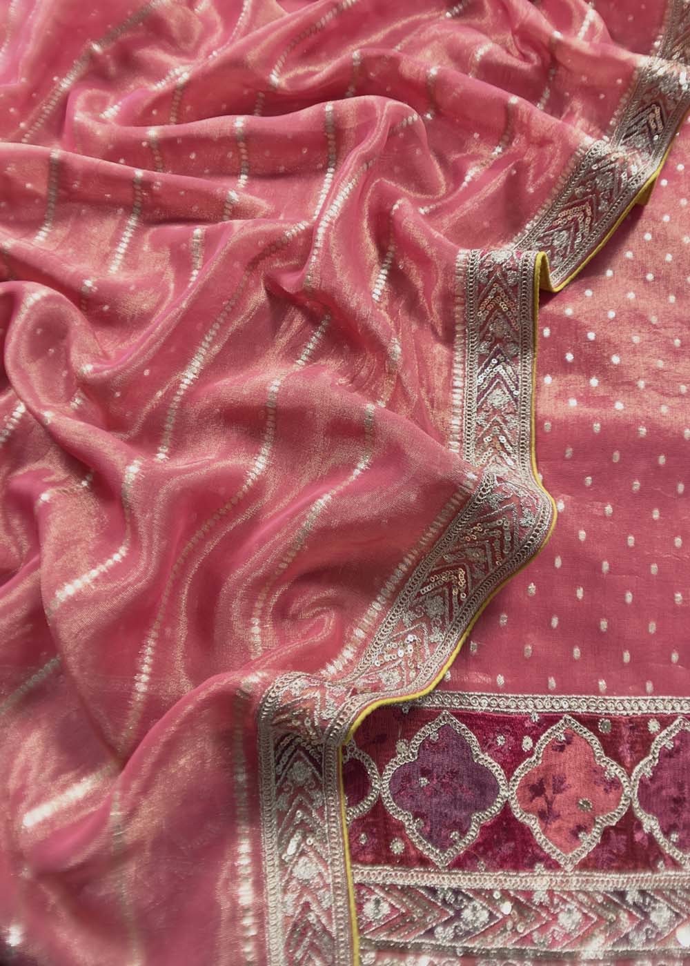 Mettalic Redish Pink Embroidered Pure Silk Tissue Suit