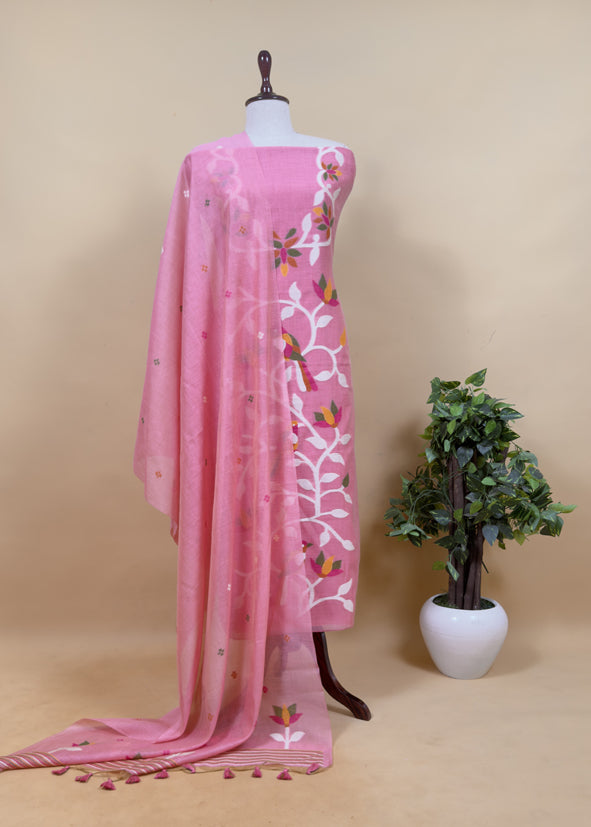Turquoise Chidiya Jamdani Suit In Linen Chanderi Fabric