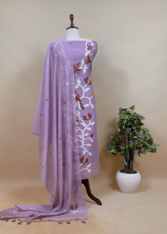 Dark Lavender Chidiya Jamdani Suit in Linen Chanderi Fabric