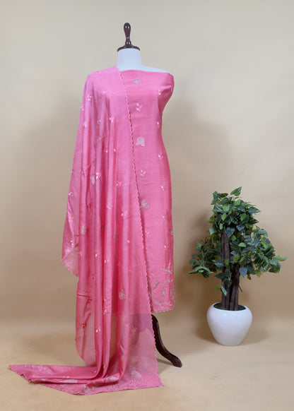 ⁠Blush Pink Pure Mul Chanderi Suit With Tissue Applique Work