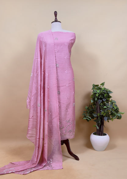 Mauve Pure Mul Chanderi Suit With Tissue Applique Work