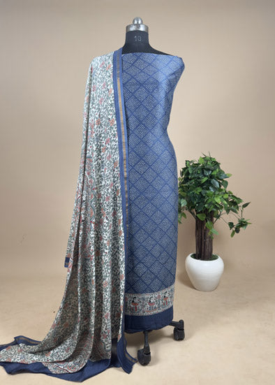 Blue Bandhani Suit In Maheshwari With Madhubani Dupatta