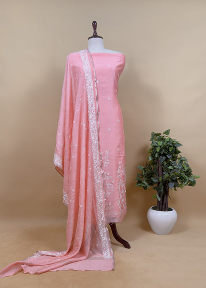 Buttercream yellow Chidiya Embroidered Unstitched Suit In Pure Organza