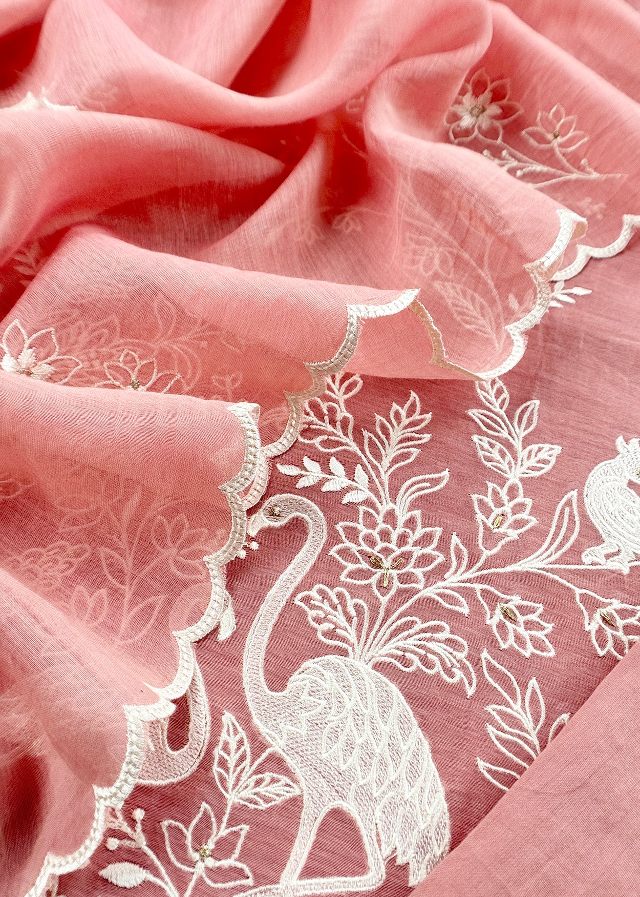 Salmon Pink Mul Chanderi Suit With Flamingo And Peacock Embroidery