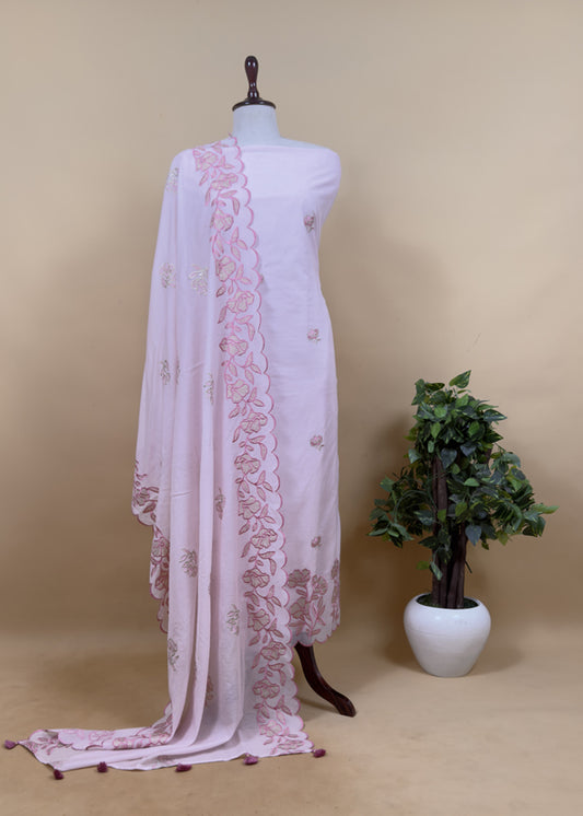 Pastel Pink Mul Cotton Suit With Lotus Appliqué Work