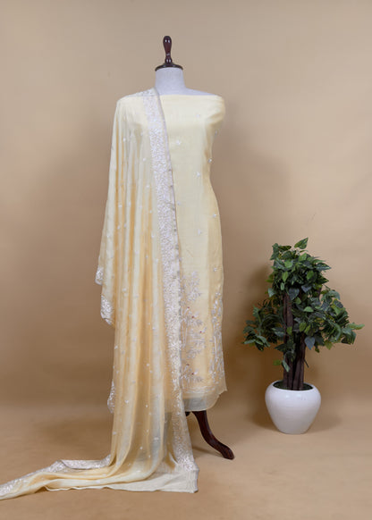 Buttercream yellow Chidiya Embroidered Unstitched Suit In Pure Organza