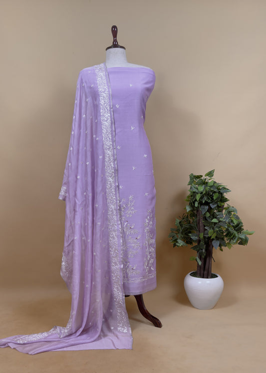 Lavender Chidiya Embroidered Unstitched Suit In Pure Organza