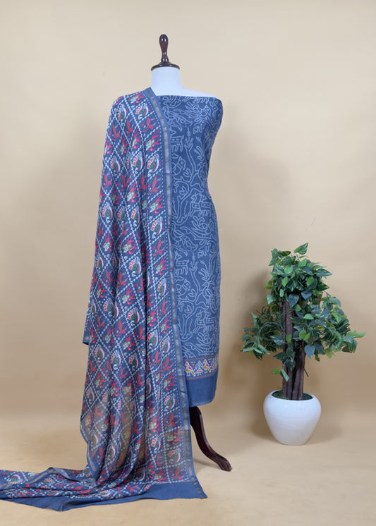 Blue Maheshwari Silk Unstitched Suit With Bandhani And Patola Print