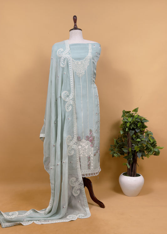 Powder Blue Pakistani Pure Organza Silk Suit With Dupatta