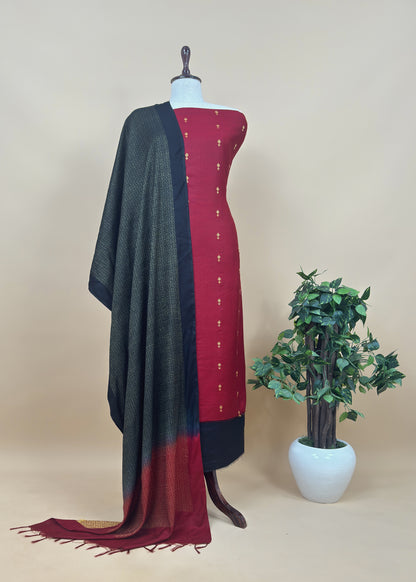 Red Winters Woolen Pashmina Suit Fabric With Zari Weaving