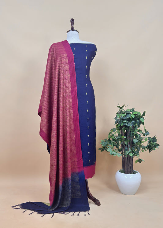 Blue Winters Woolen Pashmina Suit Fabric With Zari Weaving