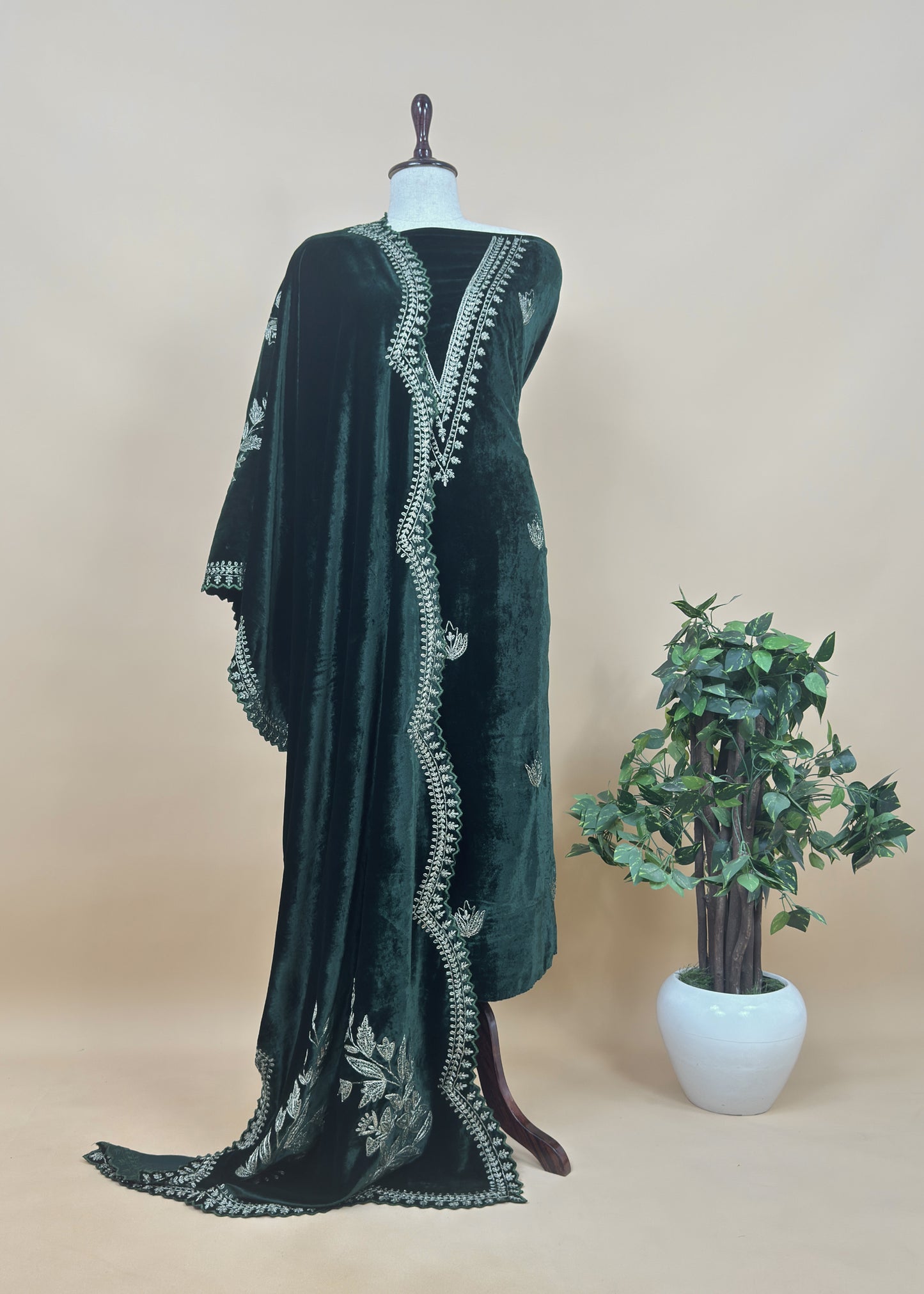 Green Pure Velvet Unstitched Suit In Dori Embroidery