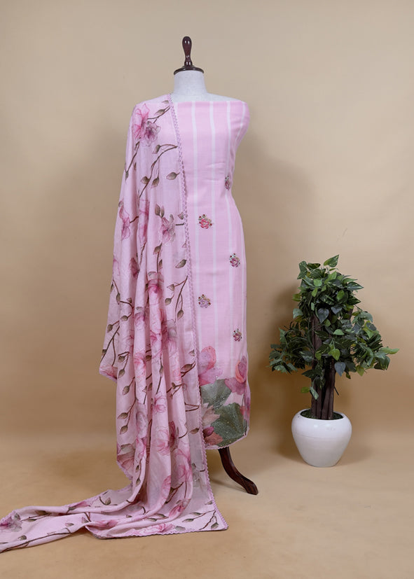 Flamingo Pink Or Baby Pink Pure Linen Suit Fabric With Kantha embroidery