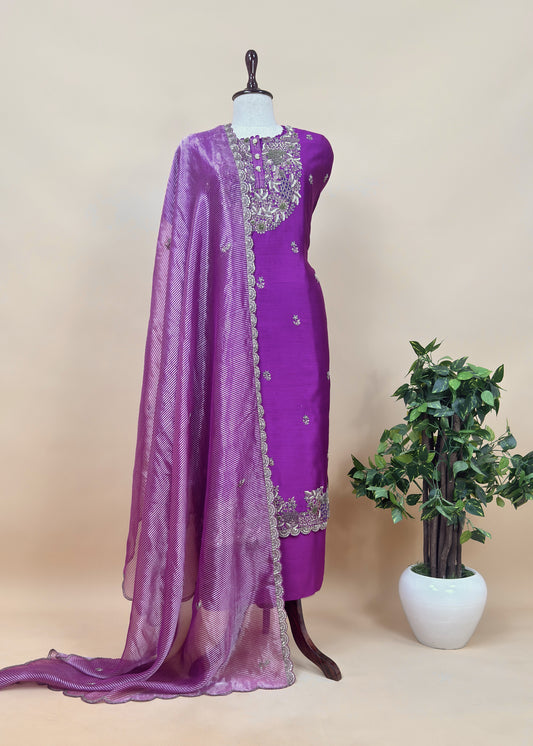 Purple Handloom Silk Suit With Zardosi Handwork