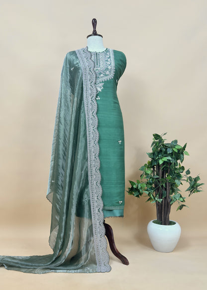 Panna Green Handloom Silk kurta And Tissue Silk Dupatta With Dori Dabka Handwork