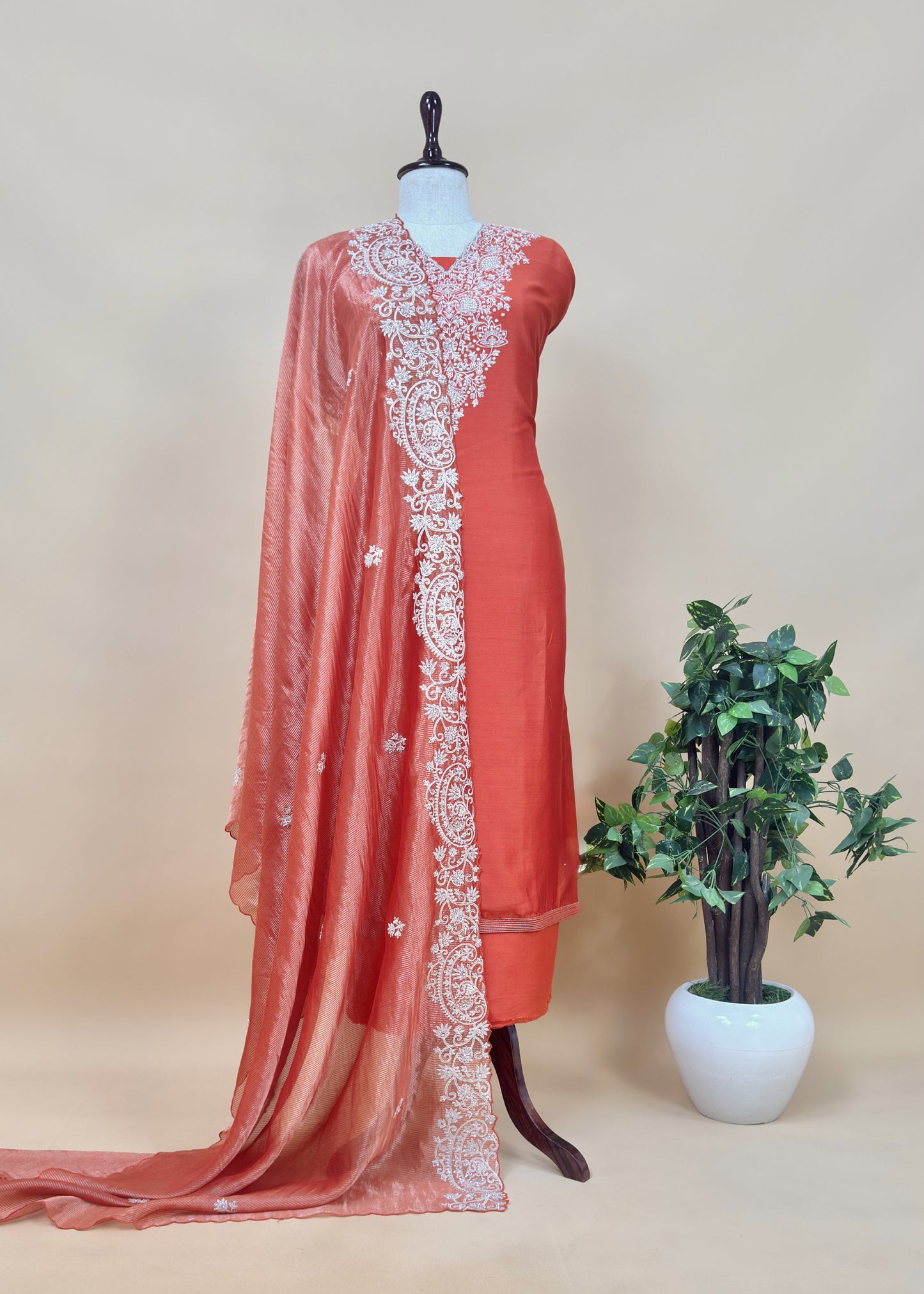 Rust orange handloom Silk Kurta and Tissue Silk Dupatta With Handwork