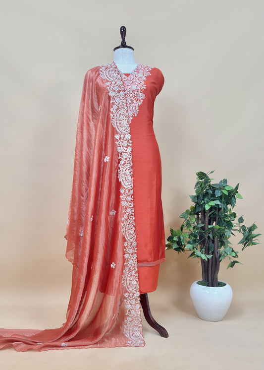Rust orange handloom Silk Kurta and Tissue Silk Dupatta With Handwork