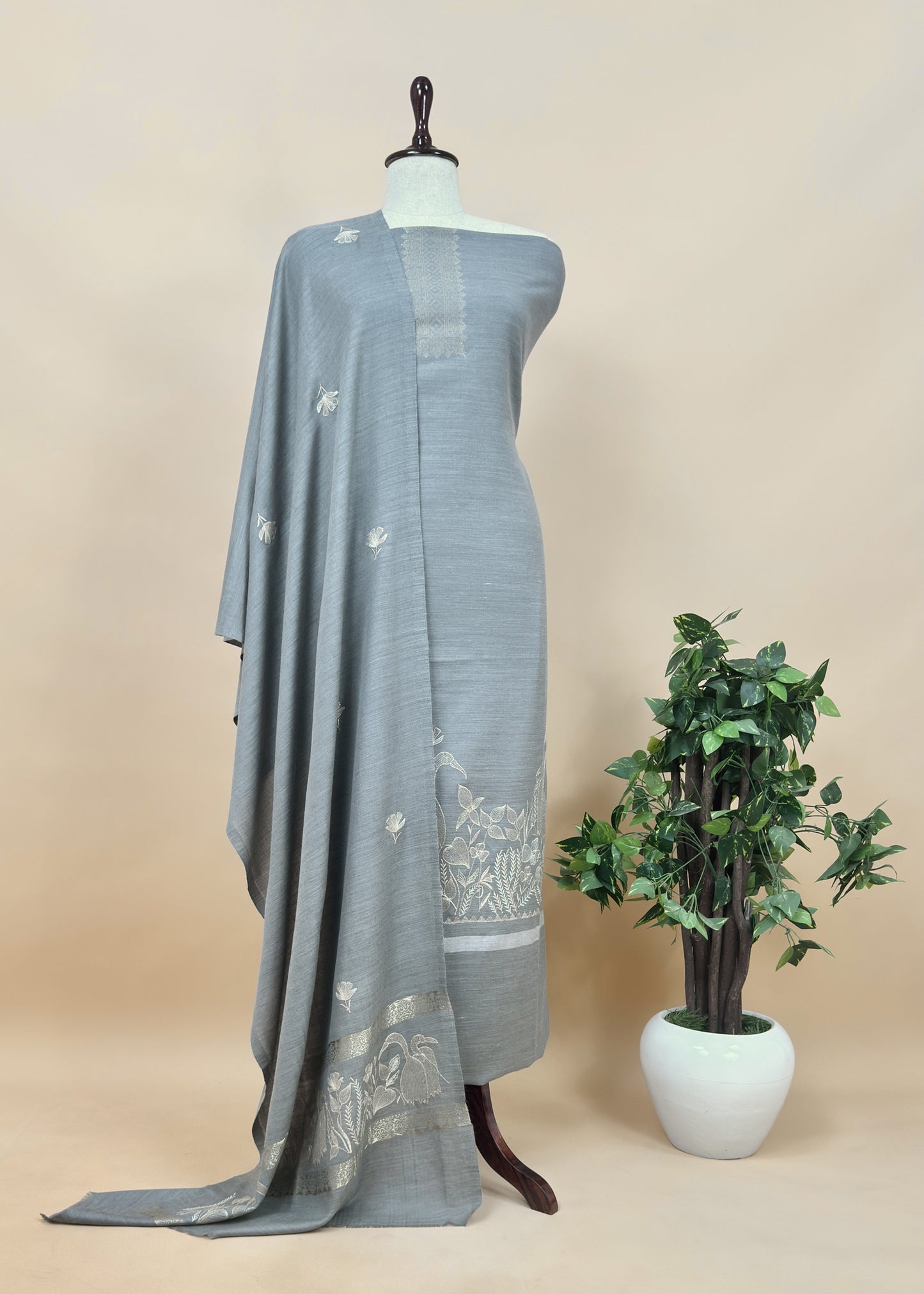 English Grey Pure Merino Wool With Flamingo Gold Silver Aari Embroidery