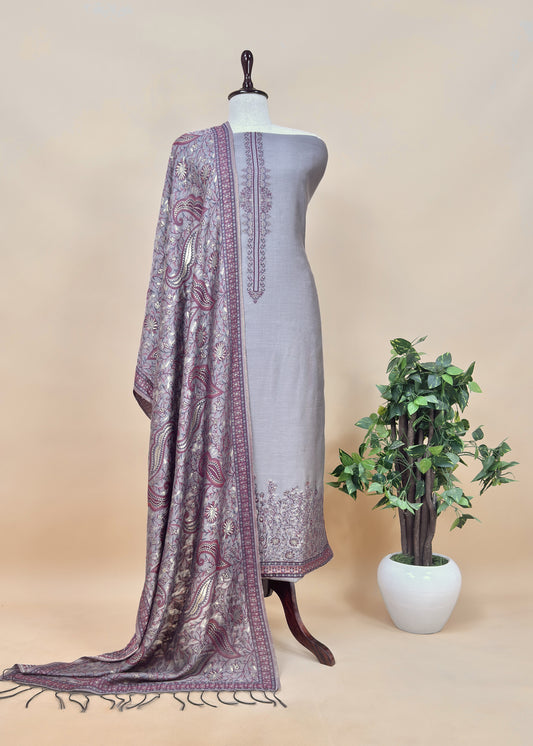 Cheeku Grey Pure Silk Suit With Kani Gold Zari Weaving