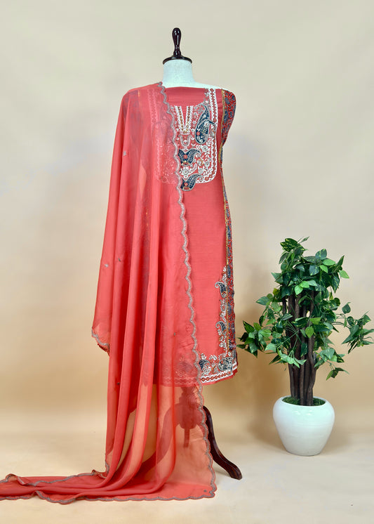 Kesari Rust Ajrakh Handloom Silk kurta and Kora silk Dupatta With Handwork