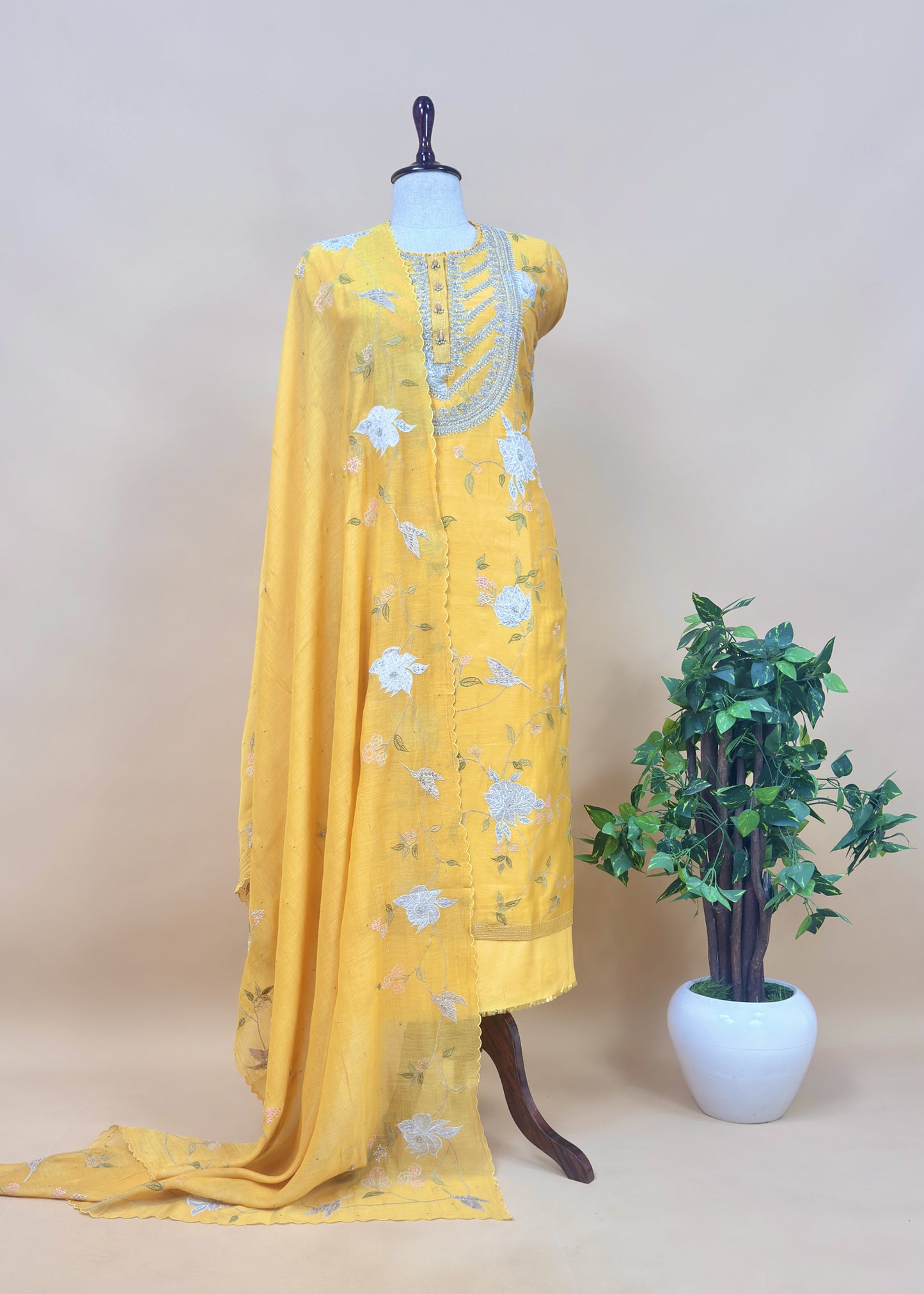 Mango Yellow Pure Silk Suit with Floral Embroidery and Handwork